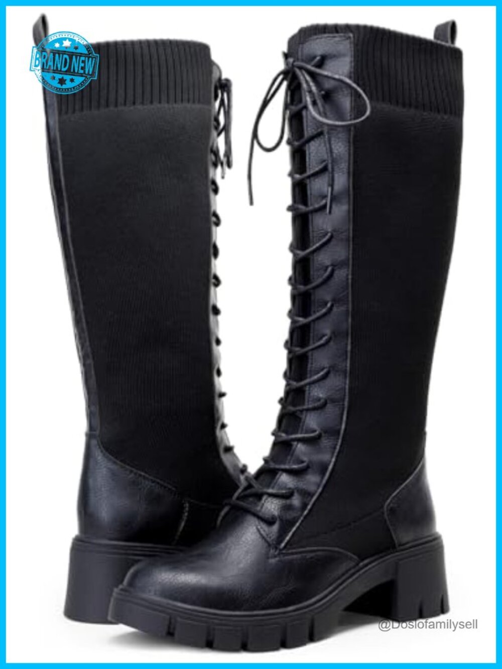 Women's Knee High Lace Up Platform Combat Boots Chunky Heel